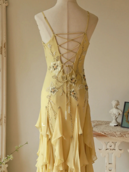 Flowy Strapless Yellow Beaded Jellyfish Skirt Chiffon Formal Prom Dresses