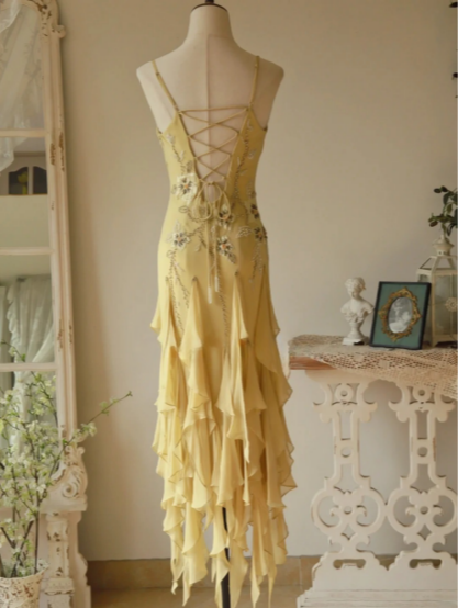 Flowy Strapless Yellow Beaded Jellyfish Skirt Chiffon Formal Prom Dresses