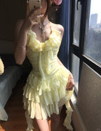 Flowy Yellow Chiffon Ruffle Mini 17Th Birthday Homecoming Dresses