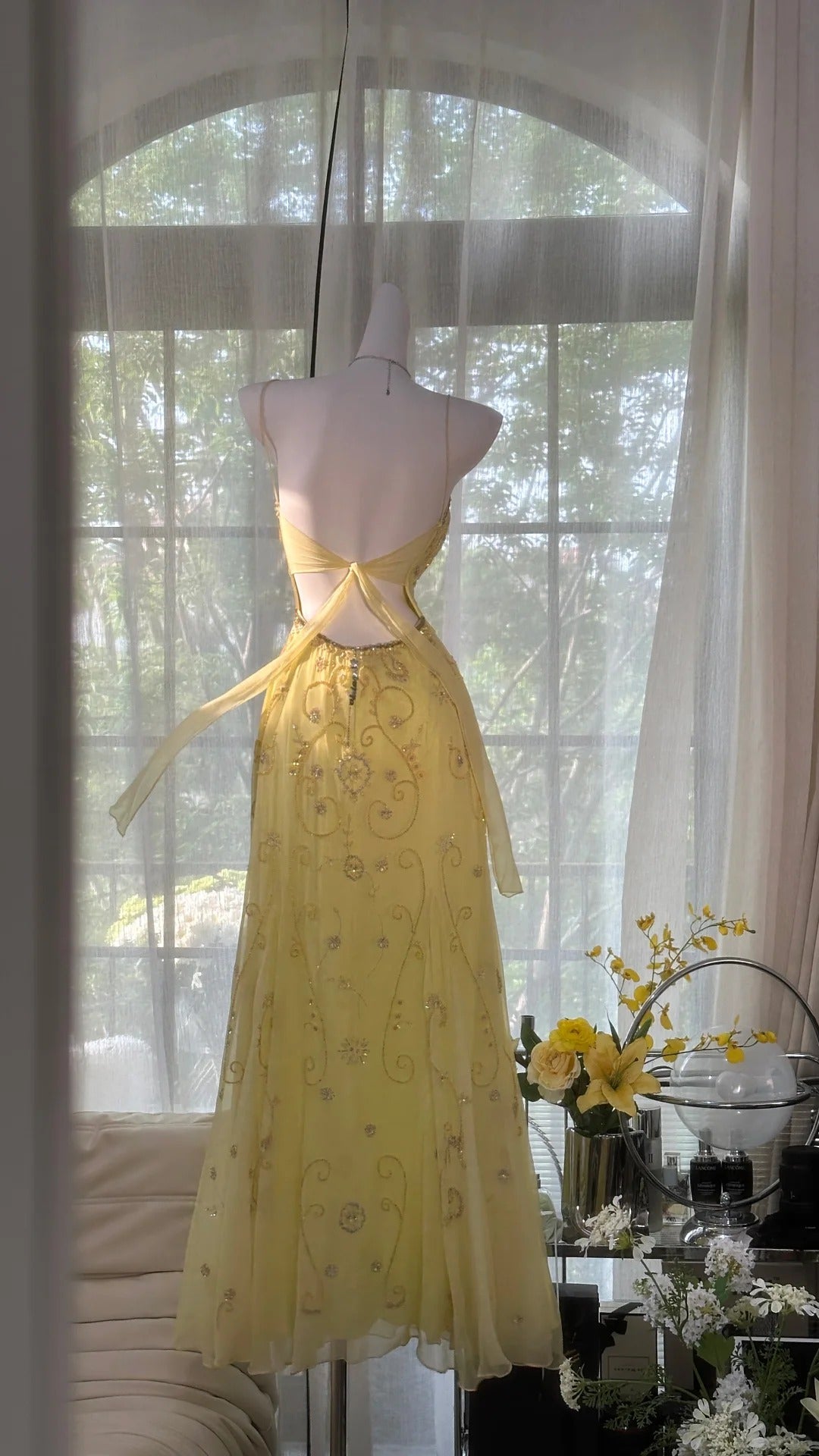 Flowy Yellow Spaghetti Strap Chiffon Beaded Mermaid Prom Gown Formal Prom Dresses Secondary image