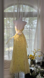 Flowy Yellow Spaghetti Strap Chiffon Beaded Mermaid Prom Gown Formal Prom Dresses