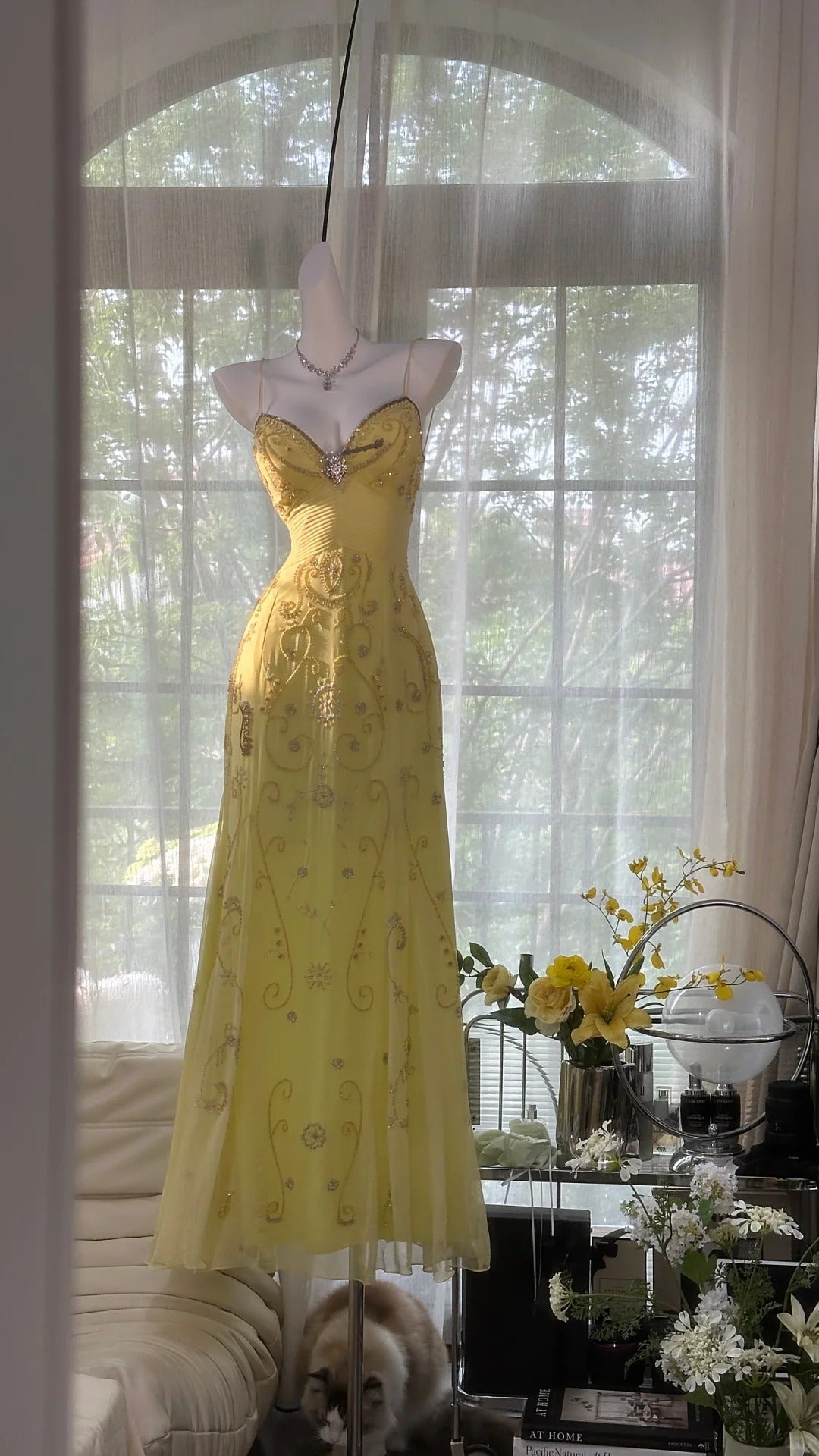 Flowy Yellow Spaghetti Strap Chiffon Beaded Mermaid Prom Gown Formal Prom Dresses