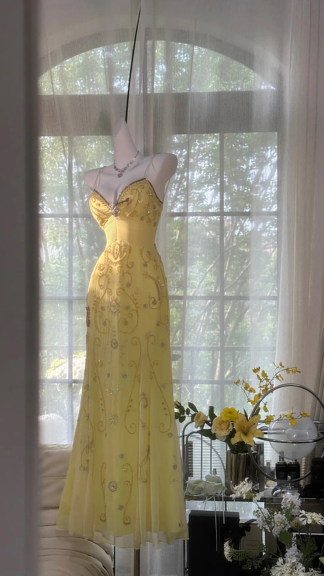 Flowy Yellow Spaghetti Strap Chiffon Beaded Mermaid Prom Gown Formal Prom Dresses