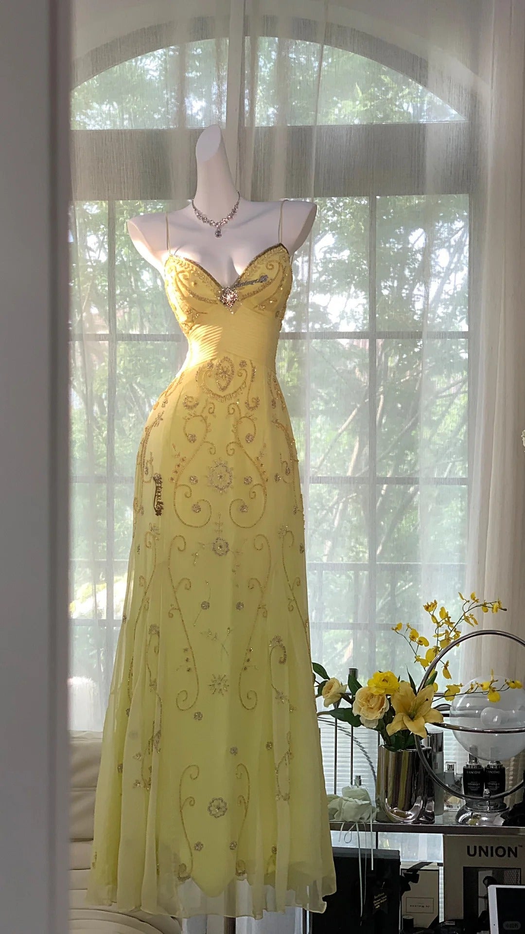 Flowy Yellow Spaghetti Strap Chiffon Beaded Mermaid Prom Gown Formal Prom Dresses
