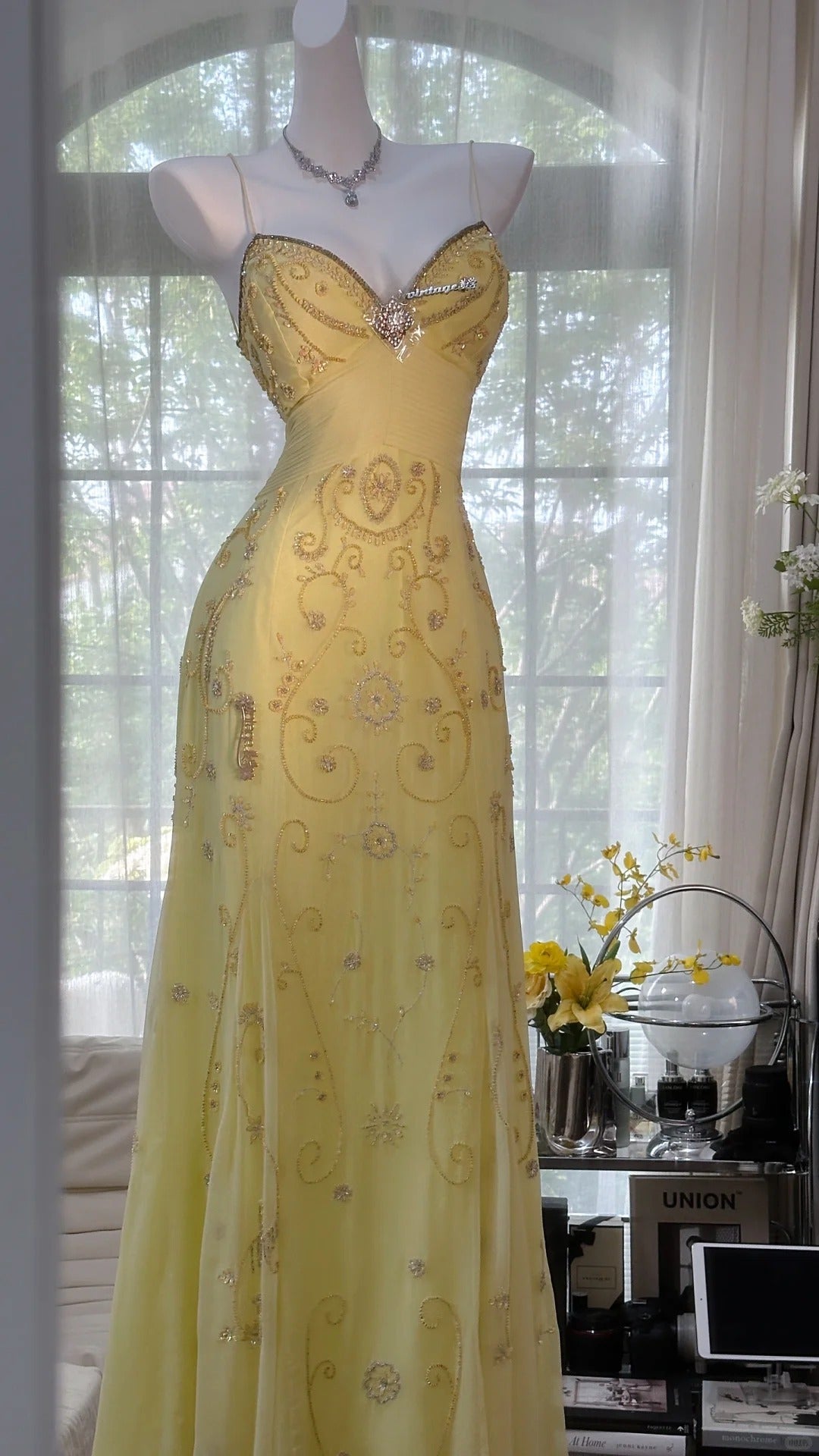 Flowy Yellow Spaghetti Strap Chiffon Beaded Mermaid Prom Gown Formal Prom Dresses