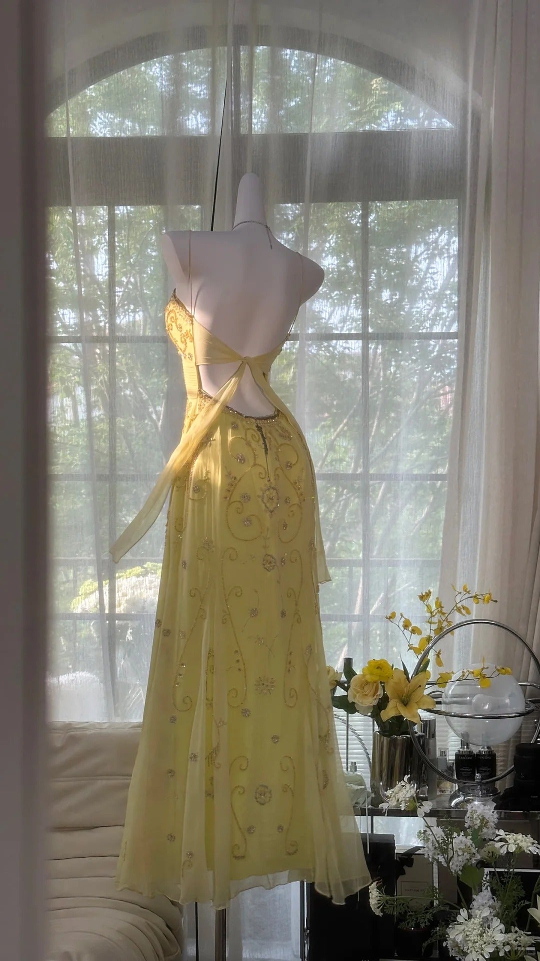 Flowy Yellow Spaghetti Strap Chiffon Beaded Mermaid Prom Gown Formal Prom Dresses