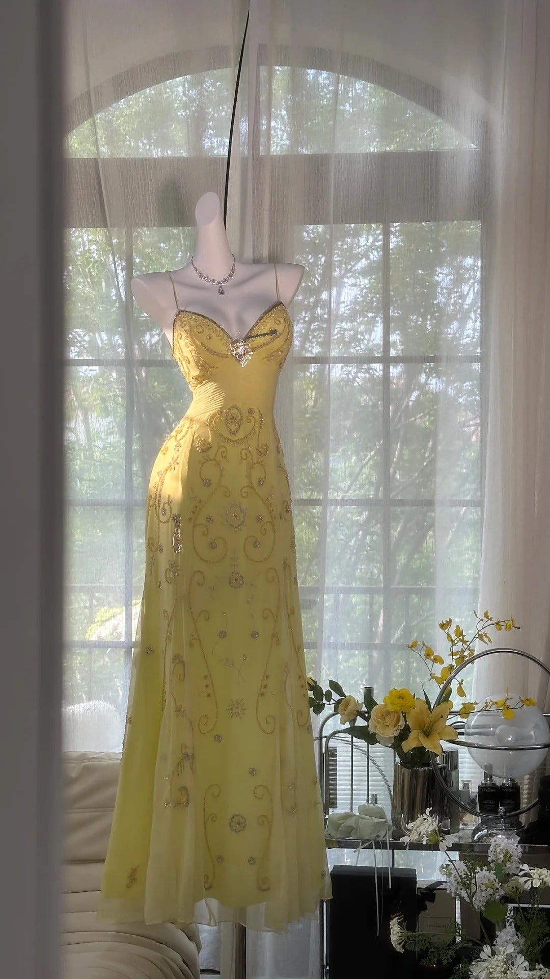 Flowy Yellow Spaghetti Strap Chiffon Beaded Mermaid Prom Gown Formal Prom Dresses Main image