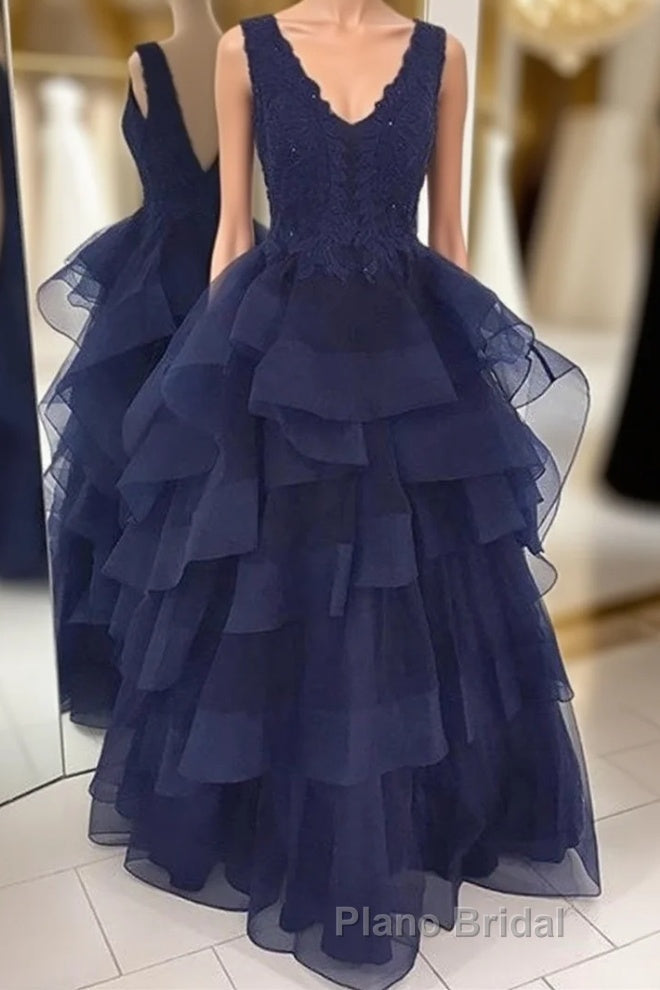 Fluffy V Neck Backless Navy Blue Lace Long Formal Prom Dress, Open Back Navy Blue Lace Formal Dress, Navy Blue Lace Evening Dress, Ball Gown Main image