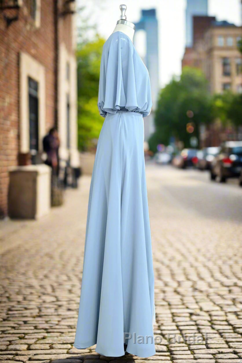 Flutter Sleeves Chiffon Sky Blue Bridesmaid Dress with Sash Bow Max Dresses Secondary image