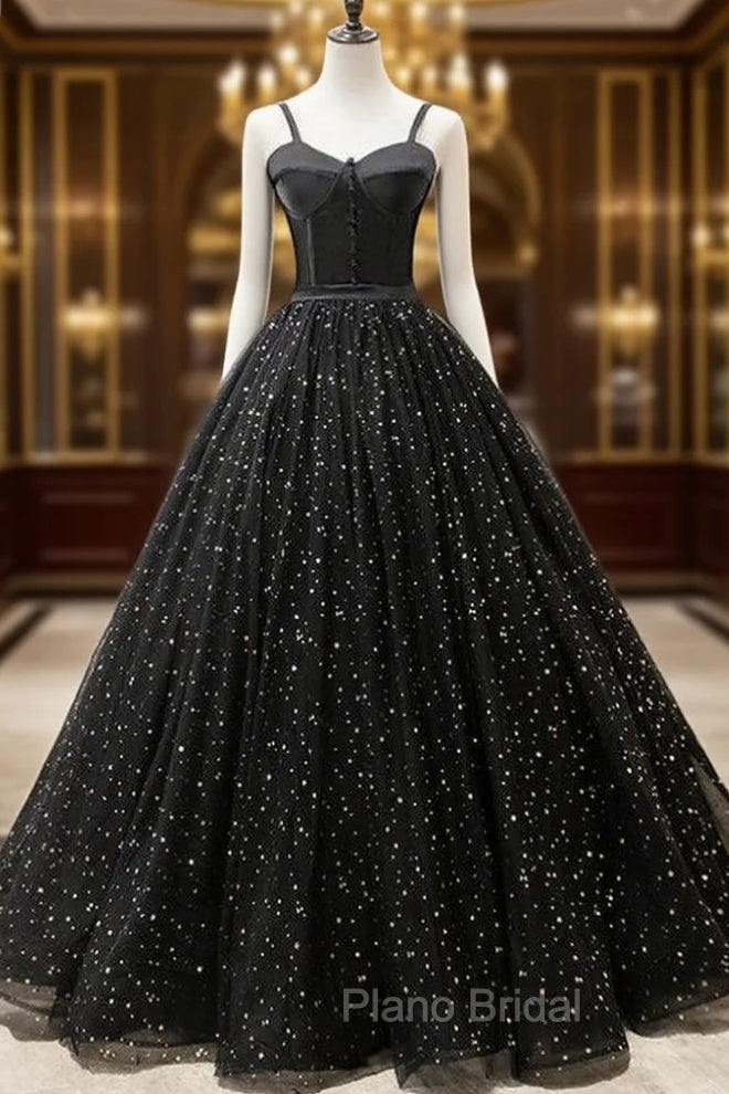 For The Very Best In Unique Or Custom. Black Ball Gown Tulle Spagehtti Straps Floor Length Quinceanera Dresses