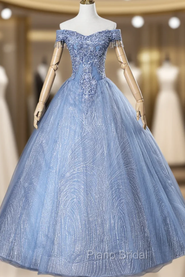 For The Very Best In Unique Or Custom. Blue Ball Gown Tulle Sequins Off the Shoulder Beading Quinceanera Dresses Main image