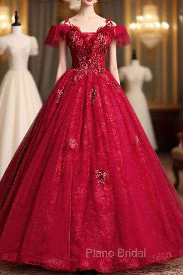 For This Year Biggest Dance Dark Burgundy Ball Gown Tulle Spagehtti Straps Appliques Quinceanera Dresses Main image