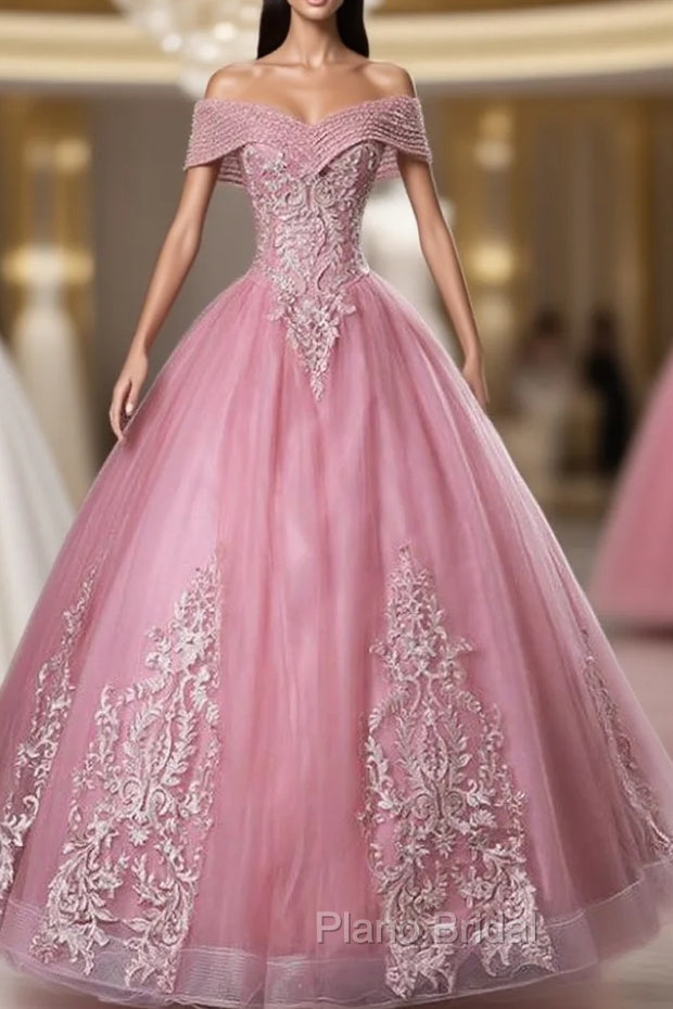 For This Year Biggest Dance Pink Ball Gown Tulle Appliques Beading Off twe Shoulder Quinceanera Dresses Main image