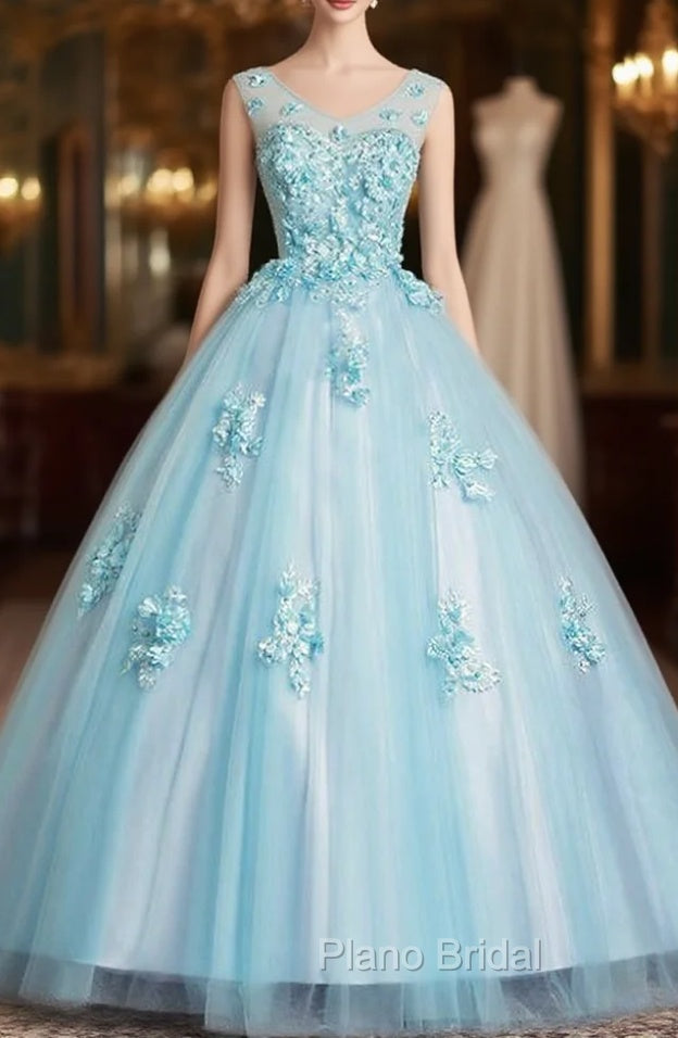 For This Year Biggest Dance Sky Blue Ball Gown Tulle Appliques V-neck Quinceanera Dresses