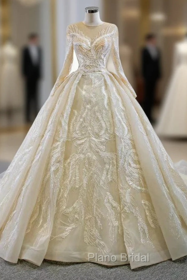 For You Champagne Ball Gown Tulle Appliques Long Sleeve Beading Wedding Dresses