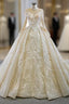 For You Champagne Ball Gown Tulle Appliques Long Sleeve Beading Wedding Dresses
