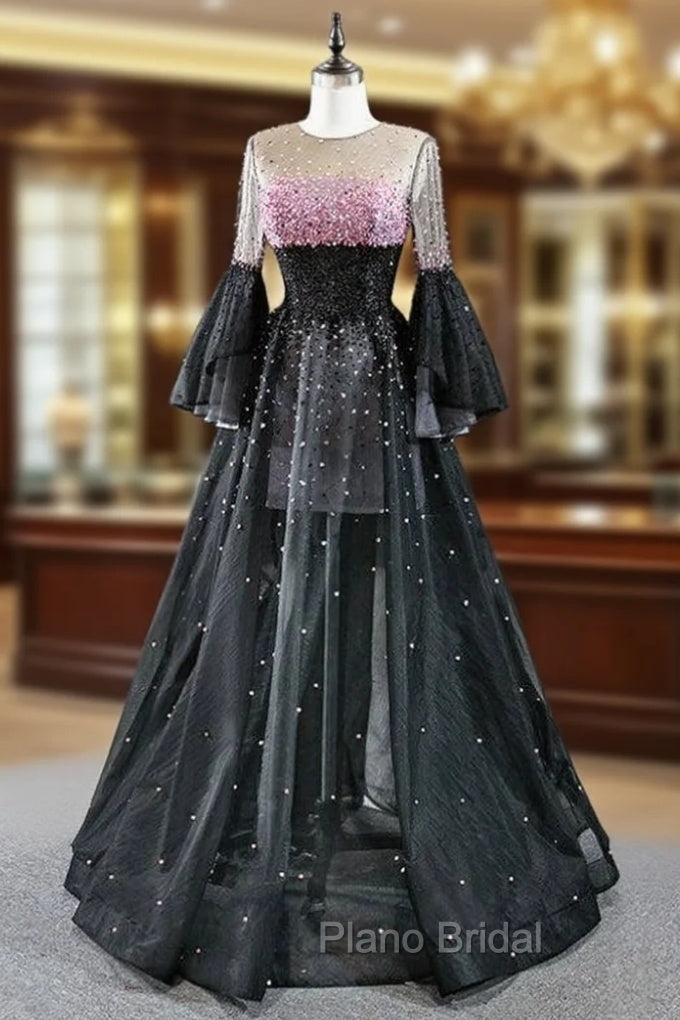 For You Next Formal Prom Dance Black Ball Gown Tulle Long Sleeve Beading Formal Prom Dresses