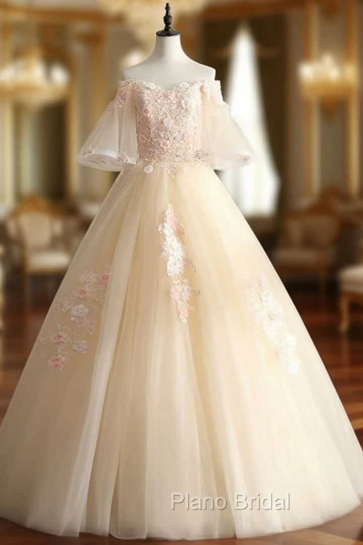 For You Next Formal Prom Dance Champagne Ball Gown Tulle Off the Shoulder Horn Sleeve Quinceanera Dresses Main image