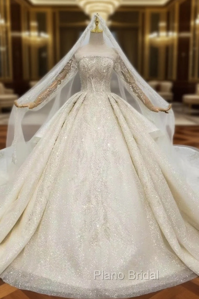 For You Next Formal Prom Dance Champagne Ball Gown Tulle Sequins Beading Off the Shoulder Wedding Dresses With Removable Train