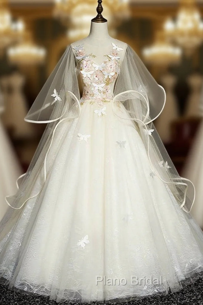 For You Next Formal Prom Dance Light Champagne Ball Gown Tulle Butterfly Quinceanera Dresses