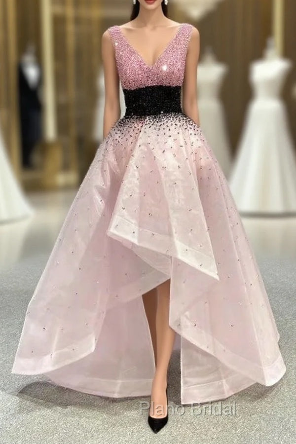 For You Pink  Organza V-neck Heavy Beading Formal Prom Dresses Main image