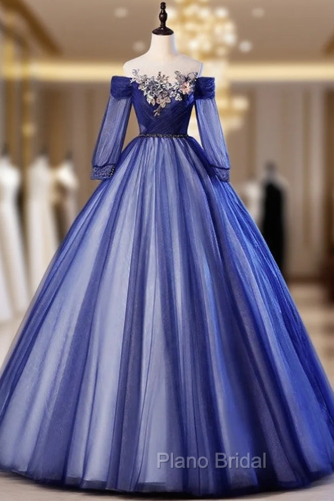 For Your Big Night Navy Blue Ball Gown Tulle Long Sleeve Appliques Quinceanera Dresses Main image