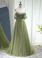 Forest Avocado Green Off-The-Shoulder Sequin Tulle Train Formal Prom Dresses