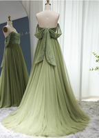 Forest Avocado Green Off-The-Shoulder Sequin Tulle Train Formal Prom Dresses