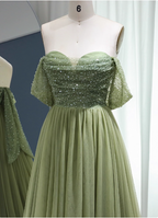 Forest Avocado Green Off-The-Shoulder Sequin Tulle Train Formal Prom Dresses