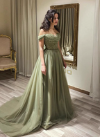 Forest Avocado Green Off-The-Shoulder Sequin Tulle Train Formal Prom Dresses