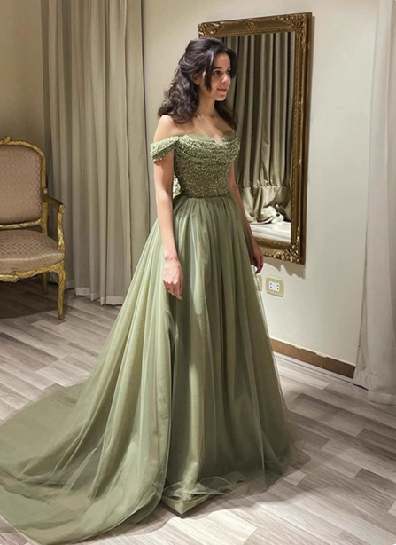 Forest Avocado Green Off-The-Shoulder Sequin Tulle Train Formal Prom Dresses
