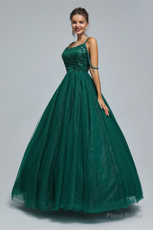 Dark Green Lace Up Beading Long Prom Dresses Main image