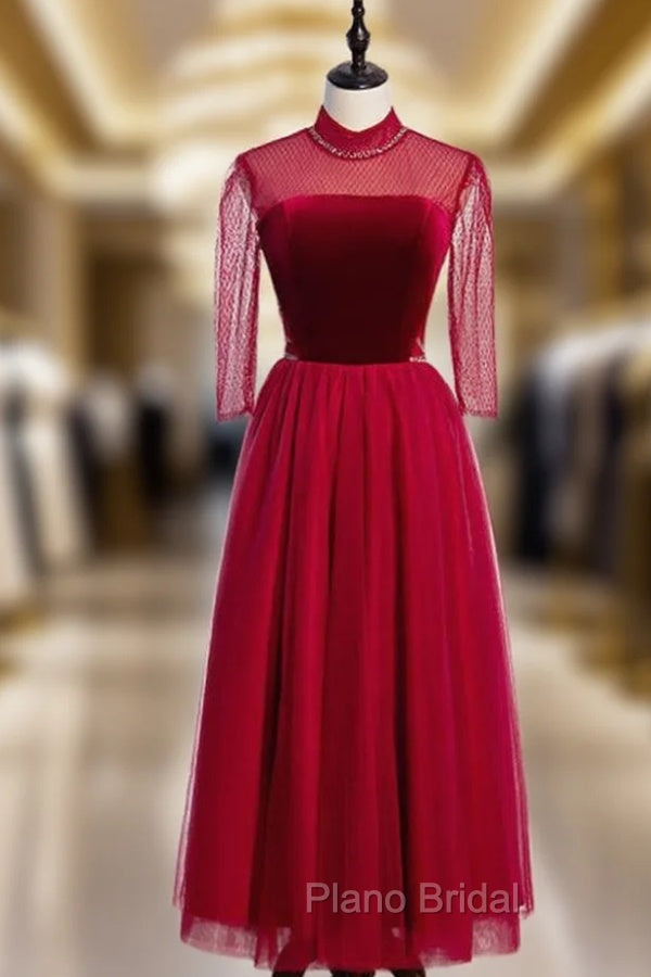Formal Tulle Burgundy Short Sleeve High Neck Formal Prom Dresses Main image
