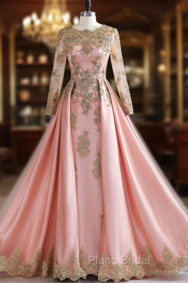 Formally Gold Lace Appliques Pink Tulle Long Sleeve Formal Prom Dresses