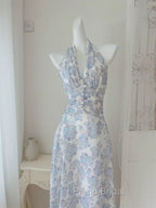 French Halter V Neck Print Floral Long Formal Prom Dresses Chiffon Evening Dresses