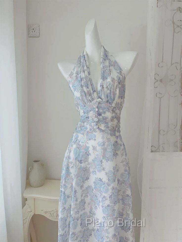 French Halter V Neck Print Floral Long Formal Prom Dresses Chiffon Evening Dresses