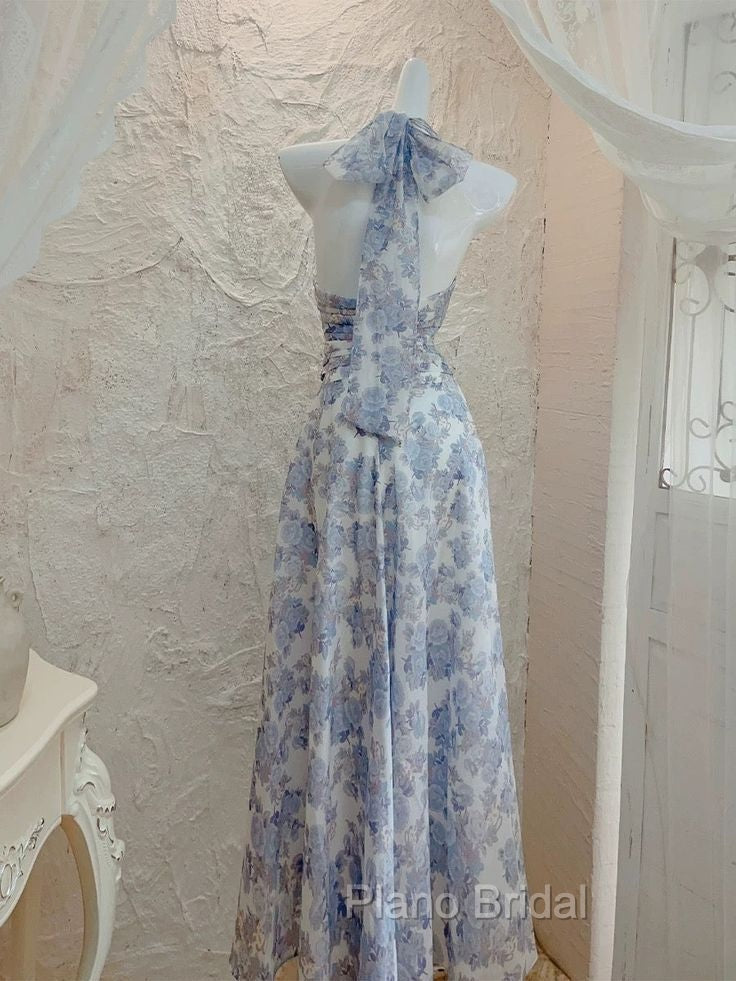 French Halter V Neck Print Floral Long Formal Prom Dresses Chiffon Evening Dresses