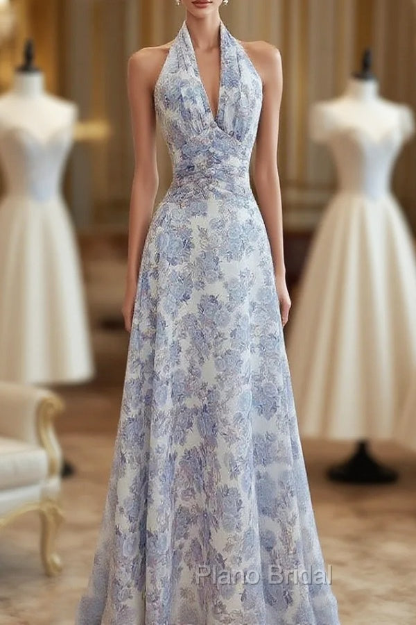 French Halter V Neck Print Floral Long Formal Prom Dresses Chiffon Evening Dresses Main image