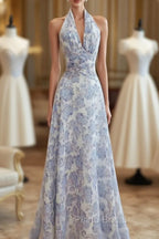 French Halter V Neck Print Floral Long Formal Prom Dresses Chiffon Evening Dresses