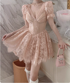 French Palace Lace V-Neck Short Sleeve A-Line Pink 17Th Birthday Homecoming Dresses
