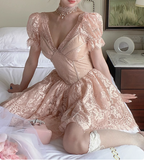 French Palace Lace V-Neck Short Sleeve A-Line Pink 17Th Birthday Homecoming Dresses