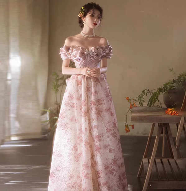 French Pink Printed A-Line Off-The-Shoulder Bow Tulle Long Formal Prom Dresses