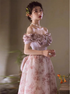 French Pink Printed A-Line Off-The-Shoulder Bow Tulle Long Formal Prom Dresses