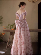 French Pink Printed A-Line Off-The-Shoulder Bow Tulle Long Formal Prom Dresses