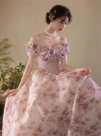 French Pink Printed A-Line Off-The-Shoulder Bow Tulle Long Formal Prom Dresses
