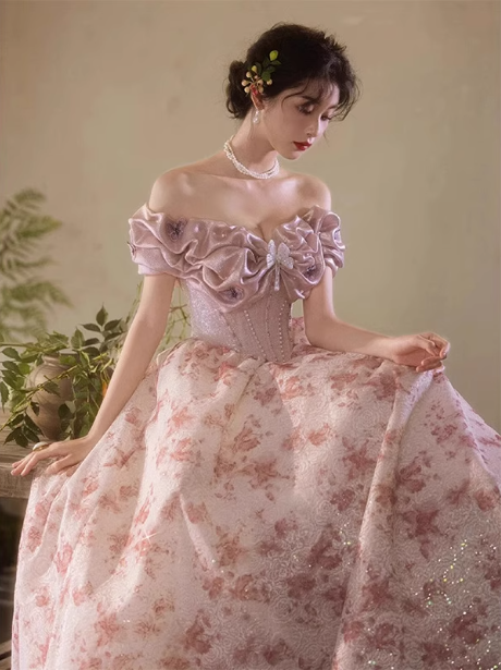 French Pink Printed A-Line Off-The-Shoulder Bow Tulle Long Formal Prom Dresses