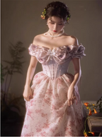 French Pink Printed A-Line Off-The-Shoulder Bow Tulle Long Formal Prom Dresses