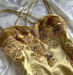 French Retro Gold Beaded Satin Irregular Skirt Formal Prom Dresses