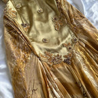 French Retro Gold Beaded Satin Irregular Skirt Formal Prom Dresses