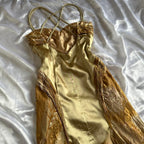 French Retro Gold Beaded Satin Irregular Skirt Formal Prom Dresses